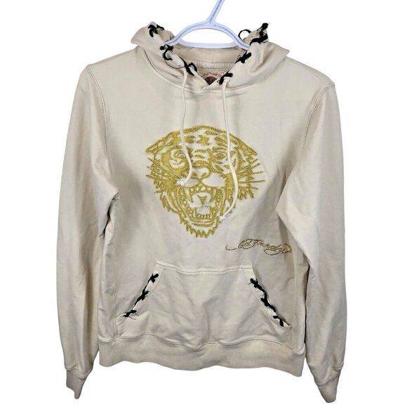 Vintage Ed Hardy Tiger Ivory Hoodie Trashed Black Laces Men's M Y2K 90s Audigier - Picture 1 of 13